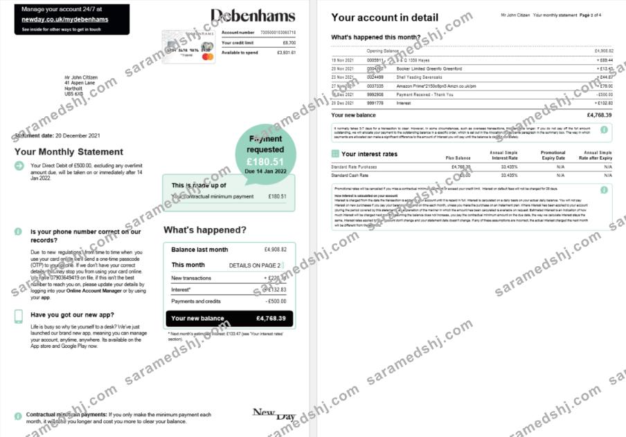 United Kingdom Debenhams card monthly statement Word and PDF template, 4 pages 1 2